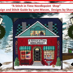 May include: A red brick building with a green awning and a sign that reads "A Stitch in Time Needlepoint". The building is decorated with a wreath and a bow. The building is surrounded by snow and trees.