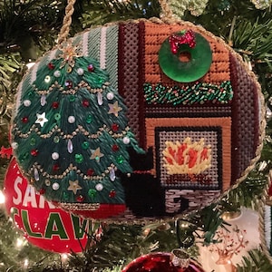Noel, the little black cat, Decorates her Tree Handpainted Needlepoint Ornament