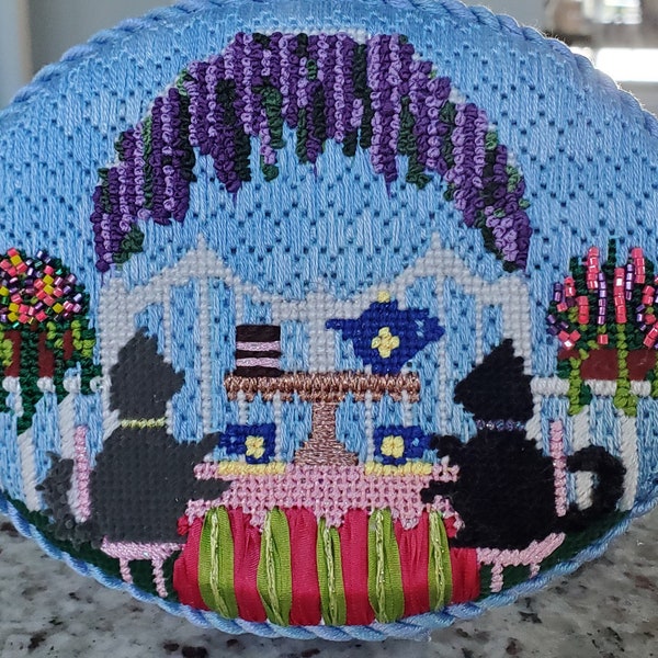 Faith and Grace Have a Garden Tea Party Hand painted Needlepoint Ornament FG-17