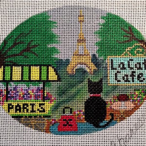 Noel, the little black cat, Goes to Paris Hand painted NeedlepointOrnament