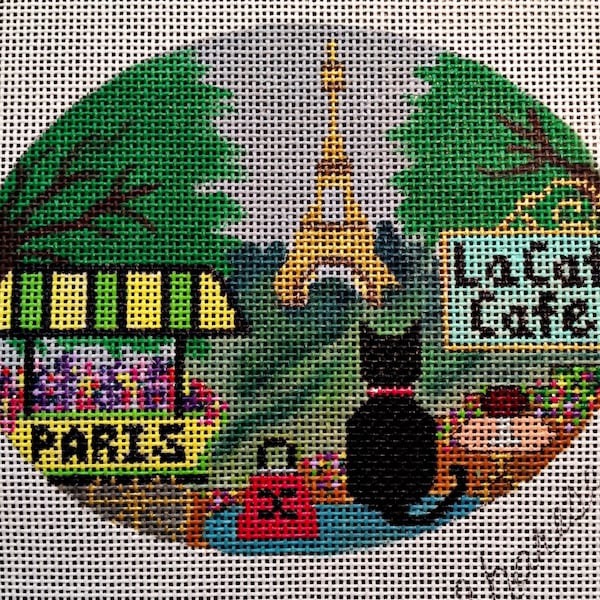 Noel, the little black cat, Goes to Paris Hand painted NeedlepointOrnament N-0