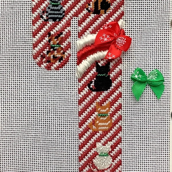 Kitty Candy Cane Hand-painted Needlepoint Ornament C-33