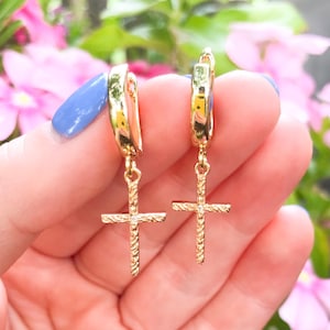 Gold Cross Dangle Huggie Hoop Earrings