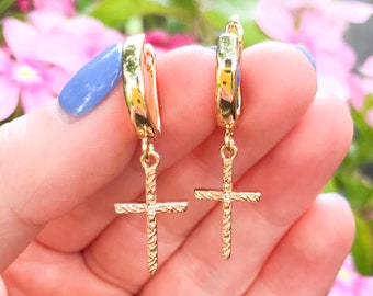 Gold Cross Dangle Huggie Hoop Earrings