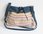 Small Handbag Shoulder bag Crossbody, Adjustable strap, denim look with yellow red stripe lightweight upholstery fabric, 1 interior pocket