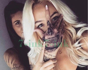 Skull Hand Temporary Tattoo, Skeleton Face Tattoo, Skull Selfie Tattoo Dark Scary Temp Tattoo, Skull Sticker Art Tattoo for Your Hand