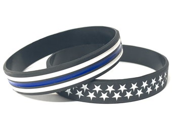 Thin Blue Line Wristbands 8" Debossed, Law Enforcement Bracelet, Police Officer Support Wristbands Stars & Stripes Flag Wristbands Silicone