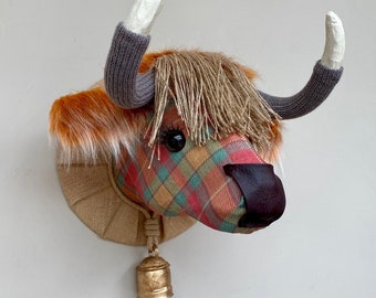 Highland cow head faux taxidermy Sheil plaid check fabric wall mounted animal trophy