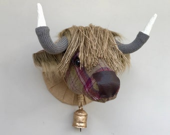 Highland cow head faux taxidermy handmade berry check tweed fabric wall mounted animal trophy