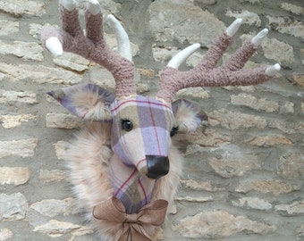 Tweed deer head faux taxidermy lavender, lilac and olive plaid check fabric handmade wall mounted stag trophy