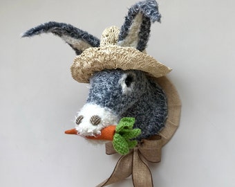 Donkey head faux taxidermy handmade grey and cream seaside donkey with carrot and straw hat wall mounted animal trophy