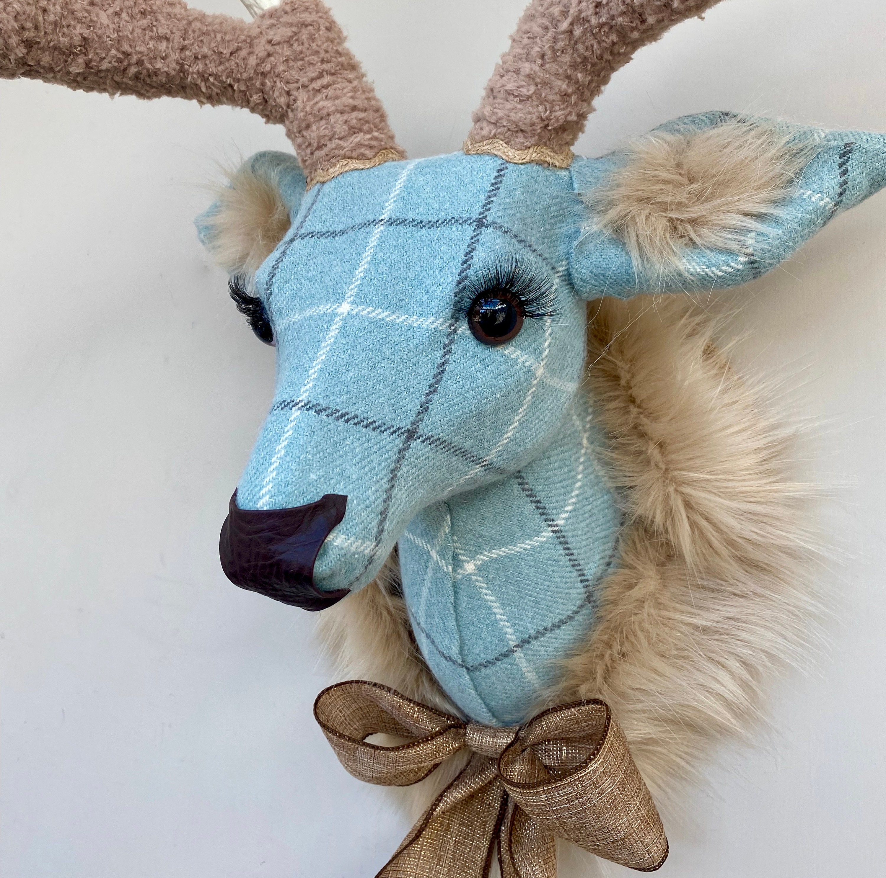 Duck Egg Porter and Stone tweed stag head faux taxidermy handmade fabric wall mount deer trophy