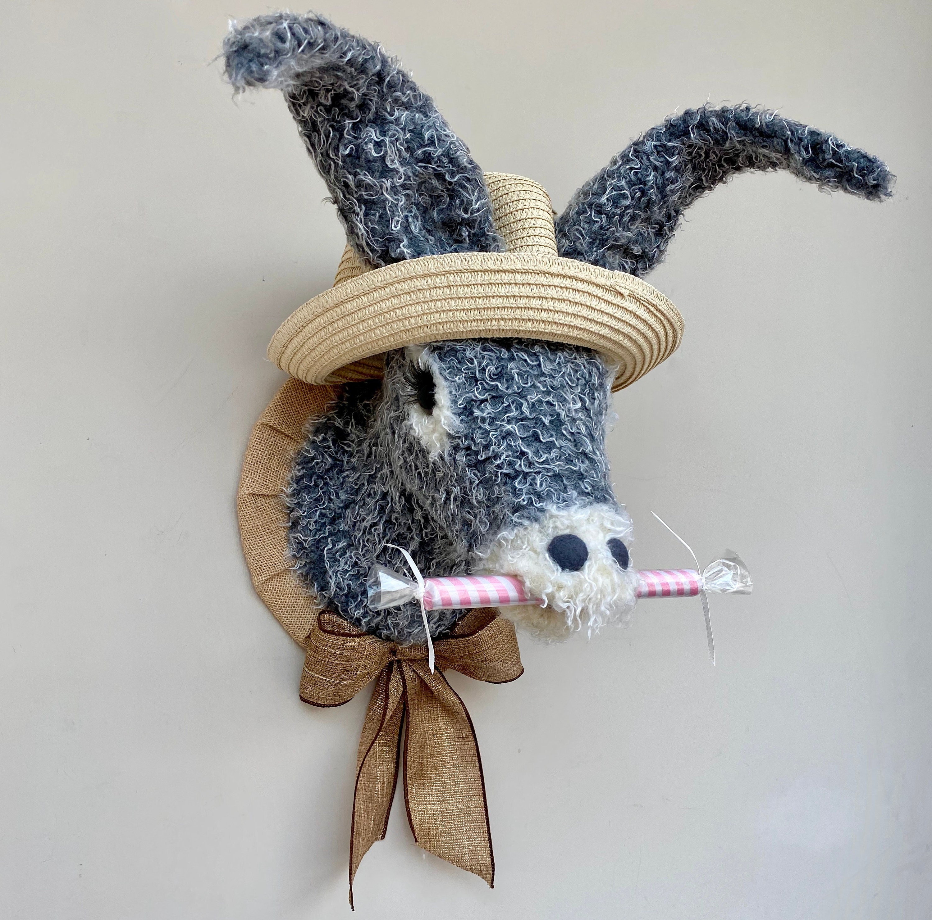 Donkey Head Faux Taxidermy Handmade Grey and Cream Seaside Donkey