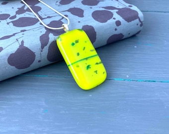 Bright lime green with turquoise speckles and stripes fused glass drop pendant necklace