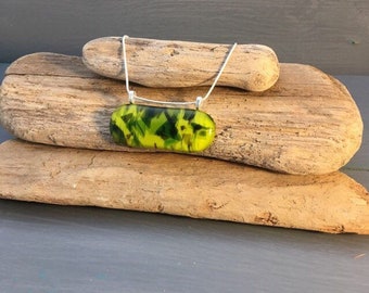 Tropical theme lime green pendant. Handmade fused glass jewellery.