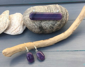 Fused Glass jewellery Set / purple pendant and  earrings / swirl purple necklace / purple jewelry / purple glass necklace