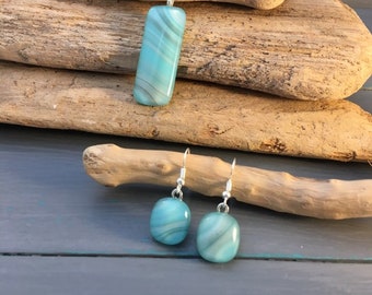 Fused Glass Jewelry Set, Turquoise Swirl Pendant Necklace and Earrings