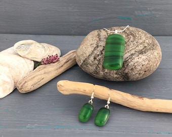 Handmade bright green fused glass swirl pendant and drop earring set / Green Jewellery set