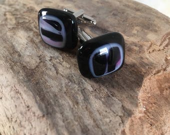 Purple and black cuff links, black fused glass cuff links, black cuff links, mens accessories, man gift,  gift for him, valentines gift idea
