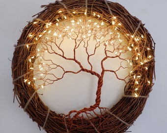 Tree of Life Wreath Light, handmade copper wire tree wall decoration, indoor / outdoor LED rattan wreath, garden ornament