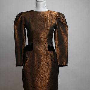 Bronze and Black Print Knee-length Sheath Dress with Black Velvet Accents and Full Button Back Small image 2