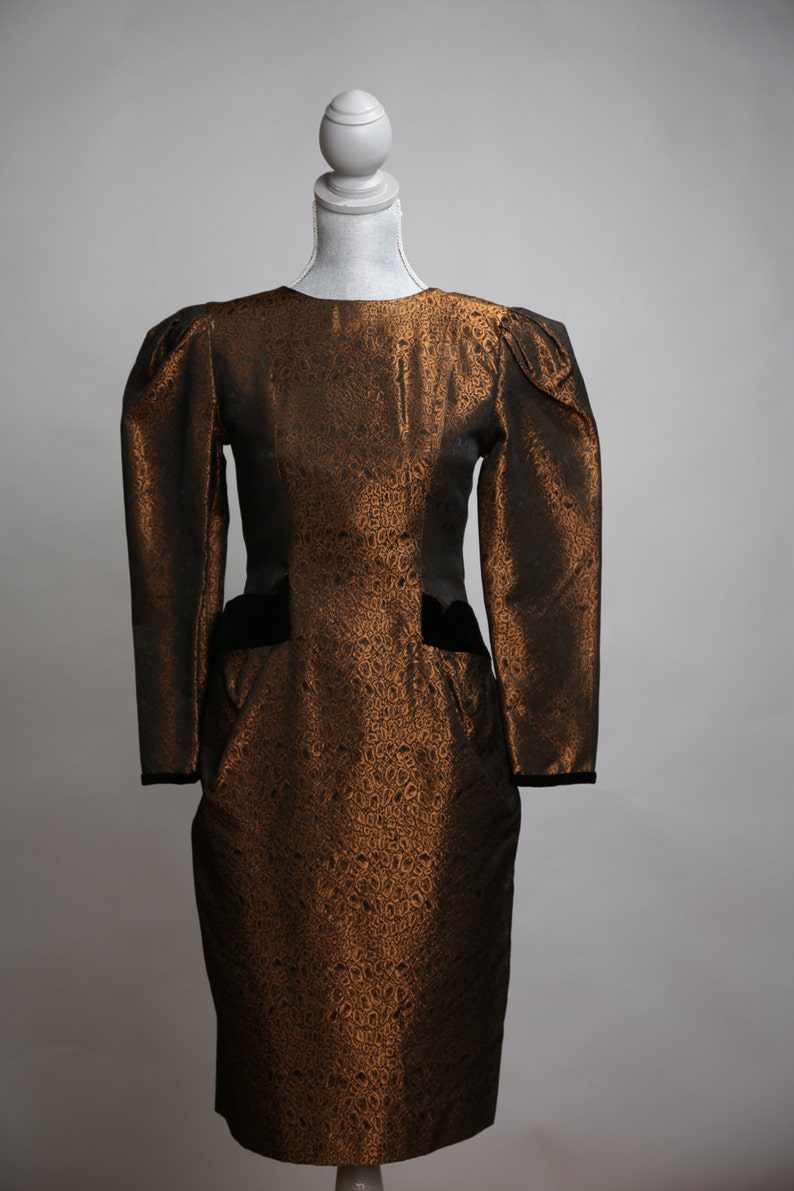 Bronze and Black Print Knee-length Sheath Dress with Black Velvet Accents and Full Button Back Small image 2