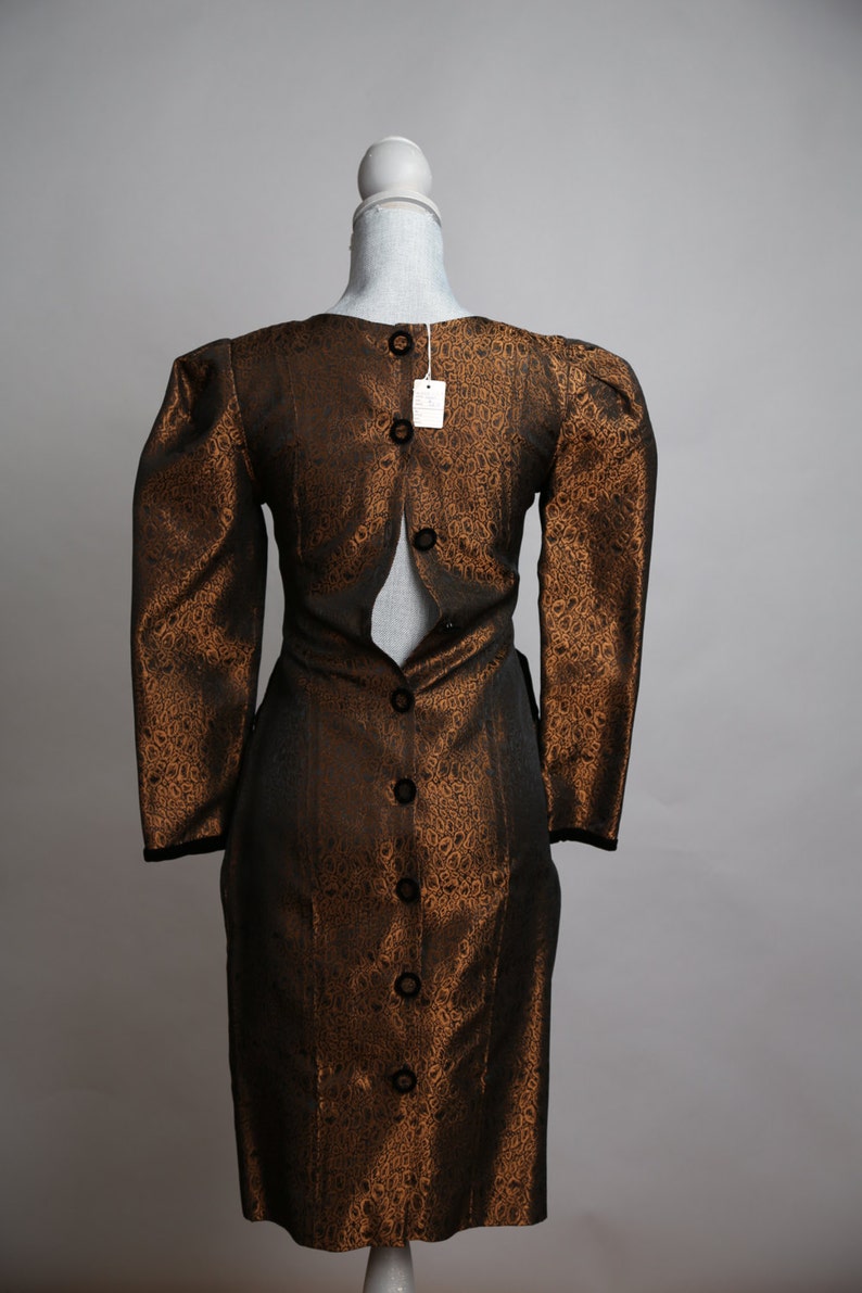 Bronze and Black Print Knee-length Sheath Dress with Black Velvet Accents and Full Button Back Small image 3