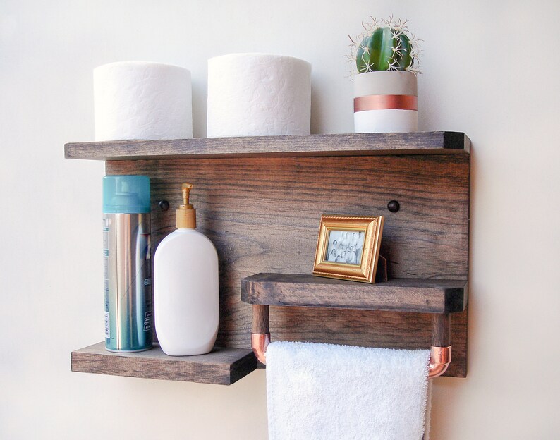 bathroom shelf and towel bar wood shelf towel rack | etsy