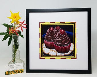 Cupcake Wall Art, Farmhouse Country Kitchen / Bakery Giclee Print, Chocolate Cake Dessert Artwork