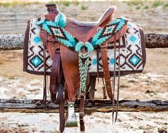 May include: A brown leather saddle with turquoise and brown braided leather accents. The saddle is hanging on a wooden fence.