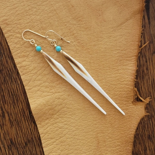 Elk Antler Dangle Earrings, Slender Dangles, Drop Earrings, Turquoise, Gold