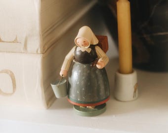 Vintage Expertic GDR Wooden Woman Figurine | East German Erzgebirge Folk Art | Hand Painted Fishwife Milkmaid Figure 3.25"
