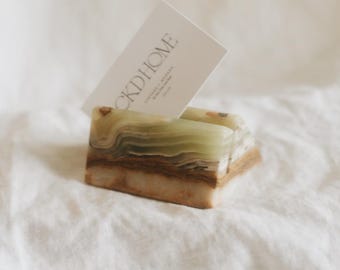 Vintage Stone Green Onyx Business Card Holder | Banded Stone Desk Accessory | Natural Stone Card Display | Marble Business Card Display