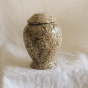 May include: A polished stone urn featuring a mottled, earthy pattern of brown, beige, and grey tones. The vessel has a rounded body, a flared base, and a removable lid with a slightly conical shape, showcasing natural mineral textures throughout.