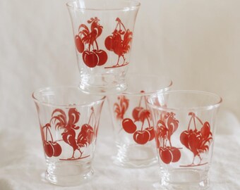 Vintage Libbey Rooster & Cherry Juice Glasses, Set of 4, 1950s Red Retro Glassware