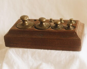 Vintage Brass Imperial Scale Weights in Wood Holder, Avoirdupois Balance Weight Set