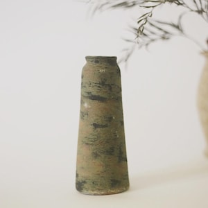 May include: A tall, slender vase with a muted color palette. The vase has a conical shape and is painted with shades of green, brown, and black. The vase is likely made of ceramic or pottery. A second vase and some greenery are in the background.