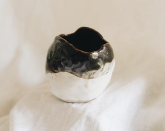 Vintage Hand Built Free Form Studio Pottery Vessel | Abstract Black White Ceramic Vase | Organic Wabi Sabi Pot | Sculptural Art Pottery