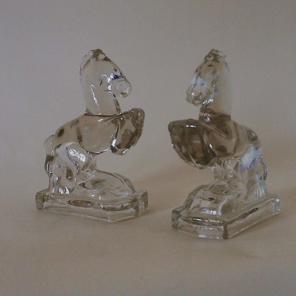 Vintage Antique 1940's Glass Rearing Horse Bookends / Unique Clear Glass Lucite Style Bookends / Art Deco Horse Bookends