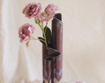 Vintage 1980s Bay Pottery Ribbon Vase | Purple Blue Drip Glaze 4 Chamber Studio Pottery | Broadway Virginia Art Vase | 11 Inch