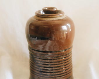 Vintage 1976 Signed Studio Pottery Lidded Ribbed Jar | Brown Stoneware Beehive Canister | Handmade Ceramic Vessel