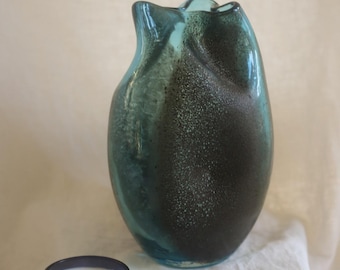 Vintage Barbarico Style Blown Glass Vase, Ercole Barovier Toso Style, Teal Metallic Art Glass