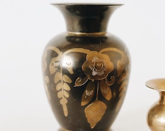Unique Vintage Large Brass Vase with Two Toned Enameled Design
