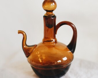 Vintage Hand Blown Amber Glass Cruet / Italian or Mediterranean Oil Cruet Vinegar Cruet