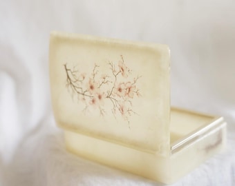 Vintage Alabaster Hinged Box | Floral Stone Jewelry Box | Pink Blossom Hinged Keepsake Trinket Box | Italian Decor