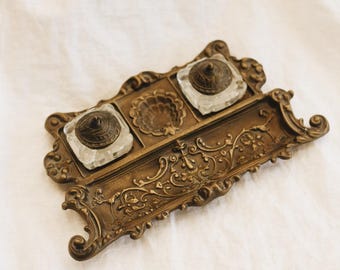 Antique Large Ornate Art Nouveau Double Inkwell