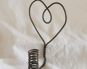 Vintage Wrought Iron Heart Candle Holder Wall Sconce Spiral Taper Holder Rustic Primitive Folk Art Decor