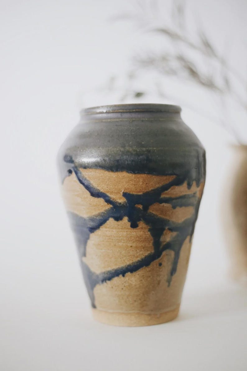 Large Drip Glaze Studio Pottery Vase – Dark Blue Stoneware Home Decor ...