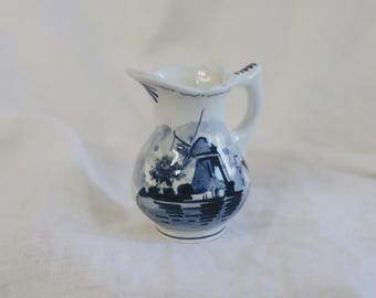 Vintage Small Delft Holland Blue and White Pitcher Creamer | Dutch Floral Delftware Tankard | Traditional Netherlands Pottery