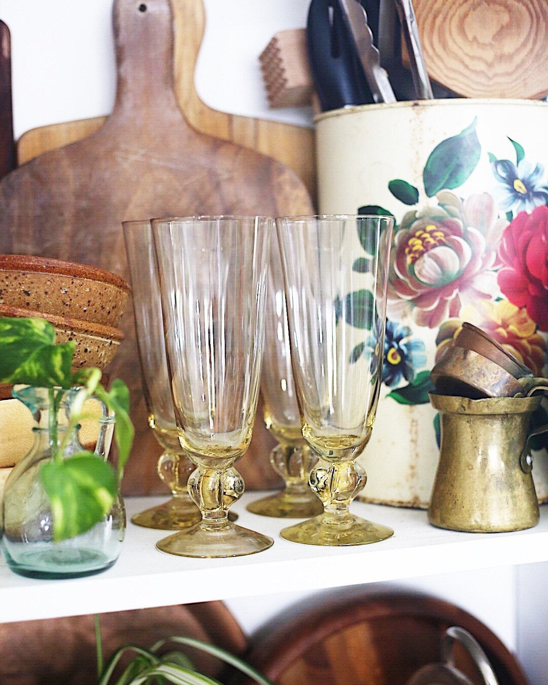 Hand Blown Vintage Yellow Stemware Champagne Flutes / Yellow Goblets